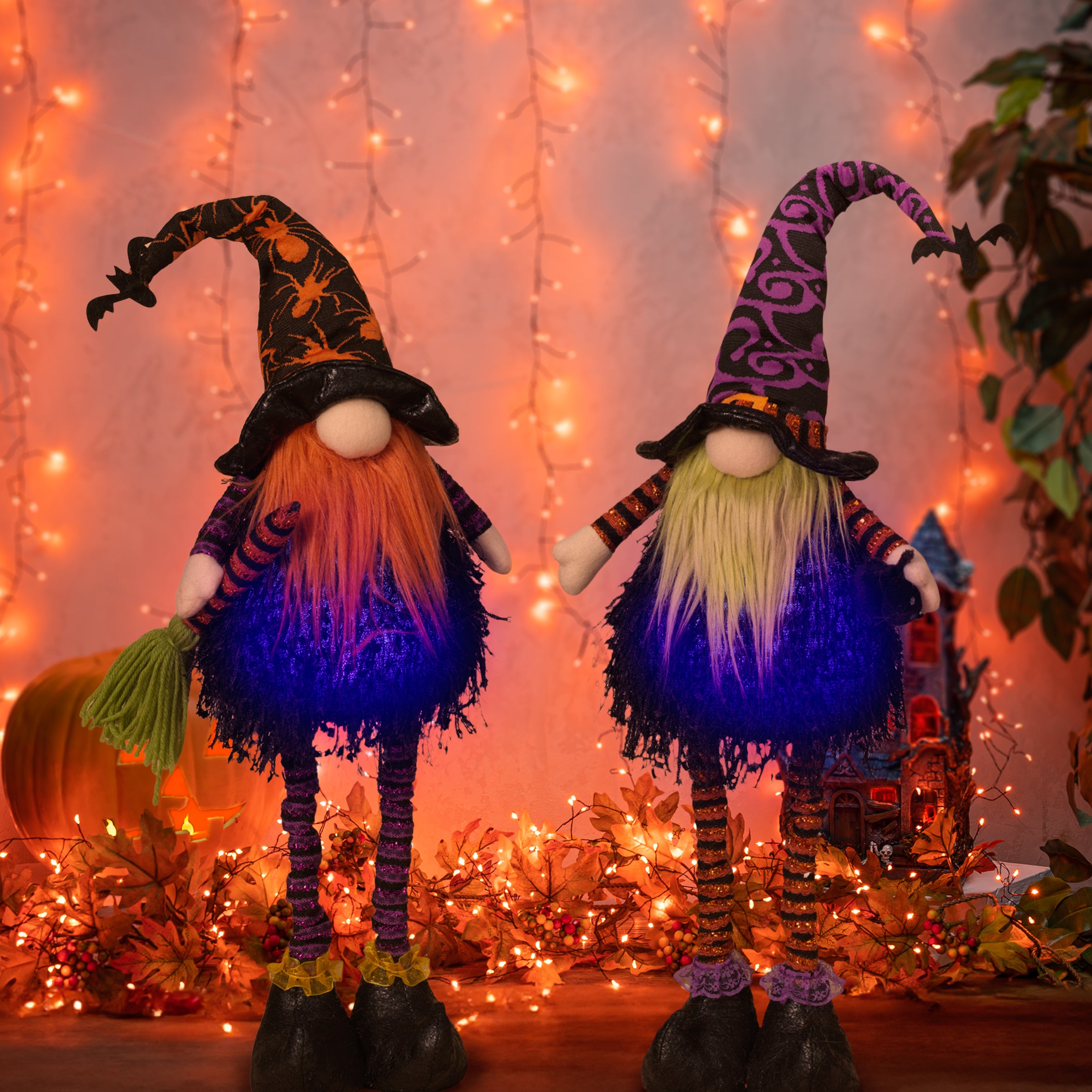 Set of 2 Lighted Plush Standing Spooky Halloween Gnomes